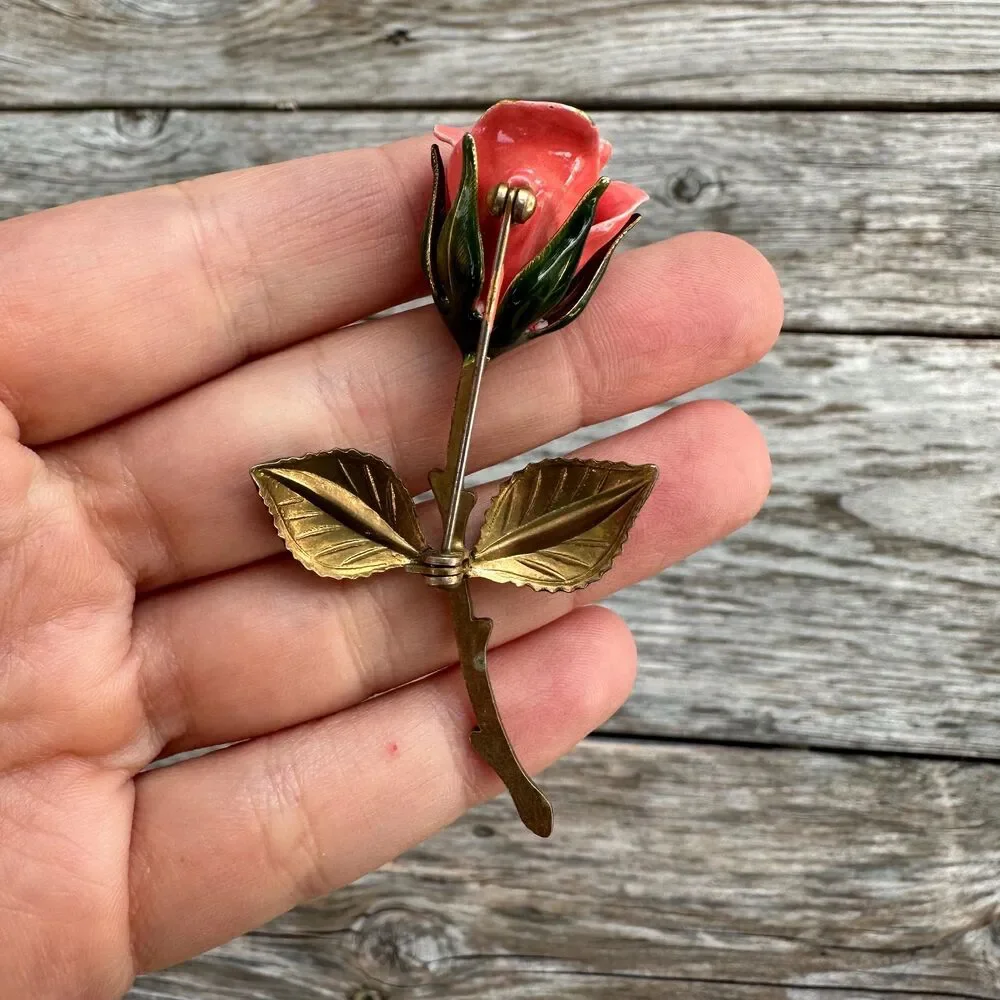 Vintage Enamel Rose Brooch - Picture 2 of 4